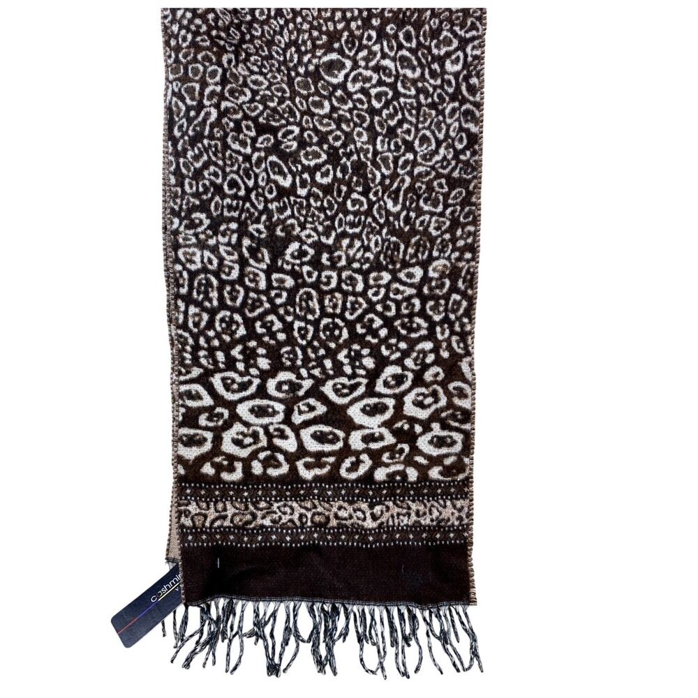 V. Fraas Cashmink Scarf Brown Leopard Print Scarf with Fringe NWT